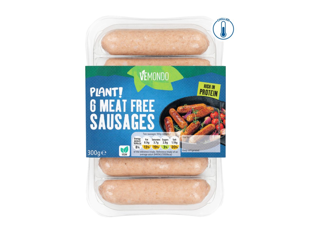 Pack of 6 chilled plant-based sausages, high in protein, with nutritional information and serving suggestion.