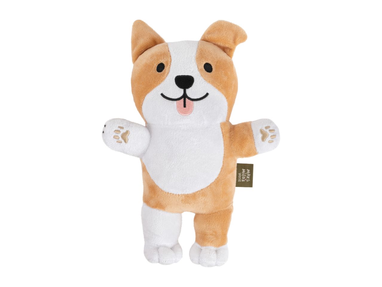 Plush dog hand puppet with a white belly, tan patches and a pink tongue
