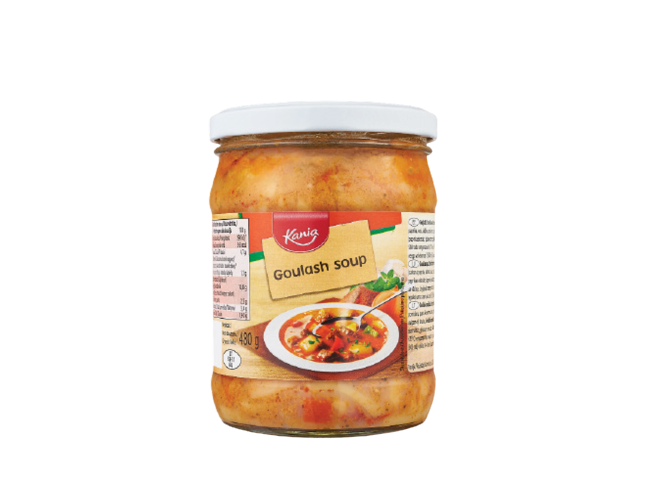 Kania guliašo sriuba stiklainyje su patiekalo nuotrauka ir maistine informacija