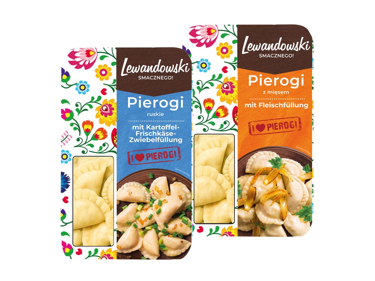 Lewandowski Pierogi: Zwei Sorten, Kartoffel-Frischkäse und Fleischfüllung, im traditionellen polnischen Designstil.