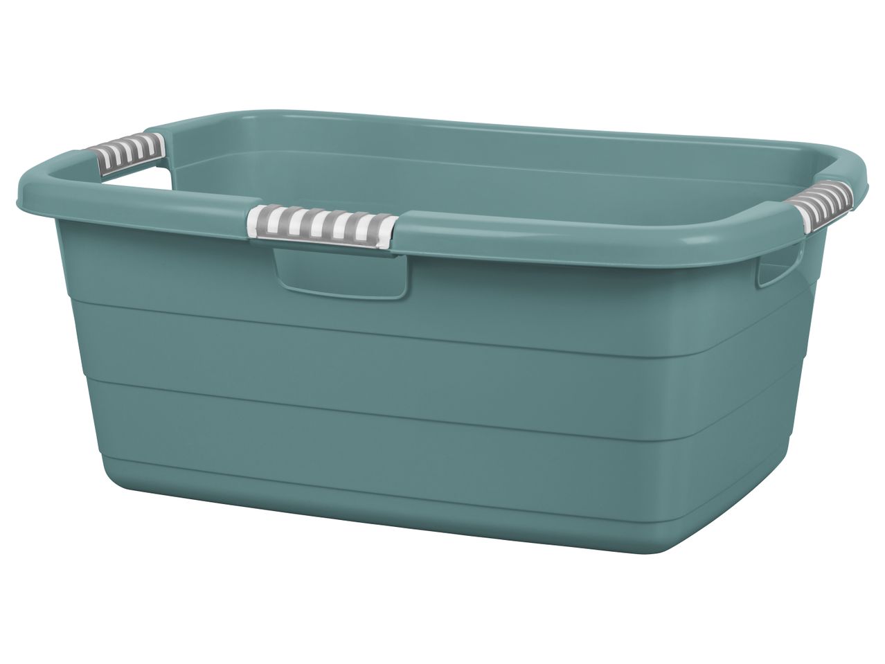 Bacinella per la biancheria in plastica di colore verde acqua con maniglie.