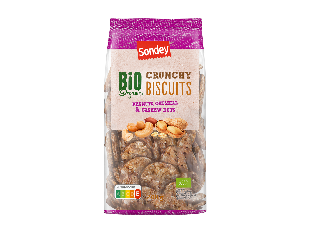 Sondey BIO Organic knapperige koekjes met pinda's, havermout en cashewnoten, 200g.