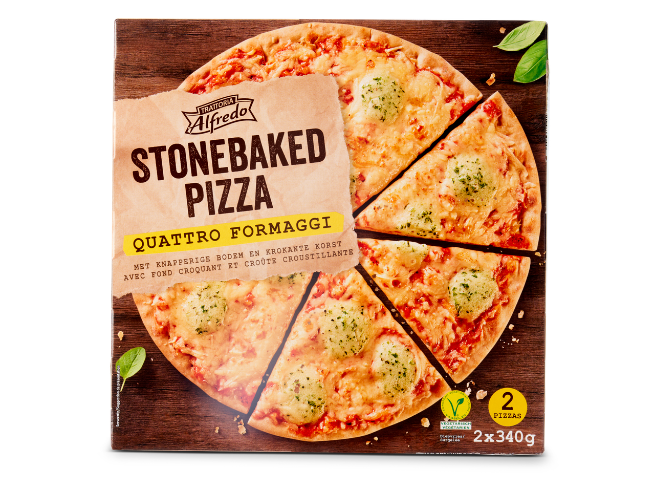 Trattoria Alfredo: twee stenen oven gebakken Quattro Formaggi pizza's.