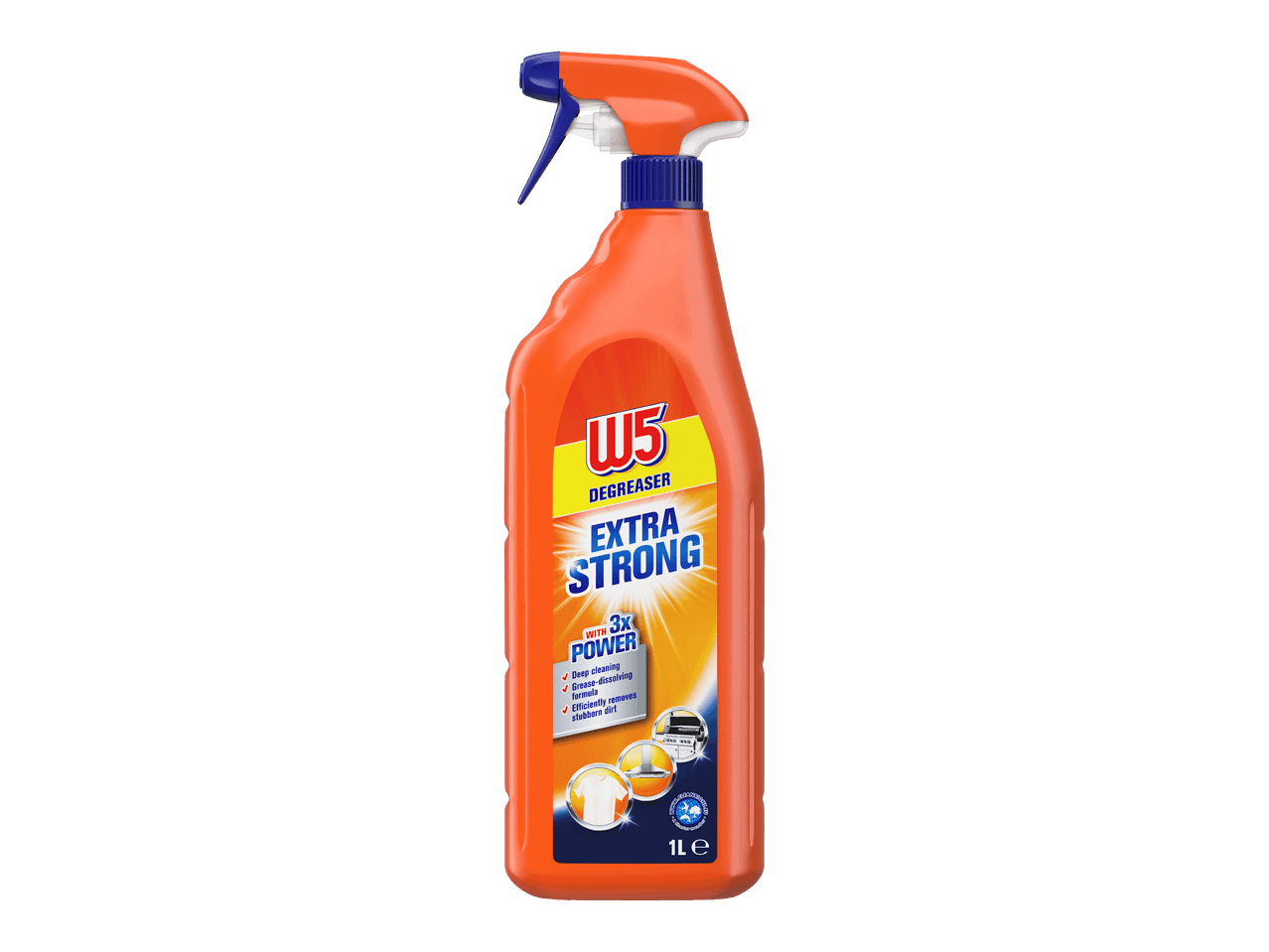 Tehokas rasvanpoistosuihke oranssissa yhden litran suihkepullossa.