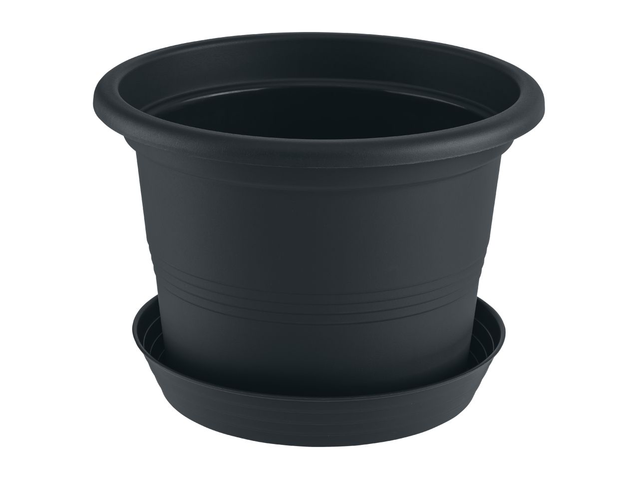 Dark grey plastic plant pot with a matching saucer