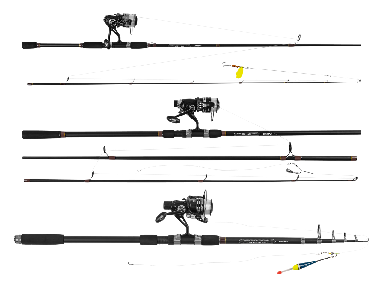 Tri štapa za pecanje s rolama i priborom, uključujući varalicu i plovak.