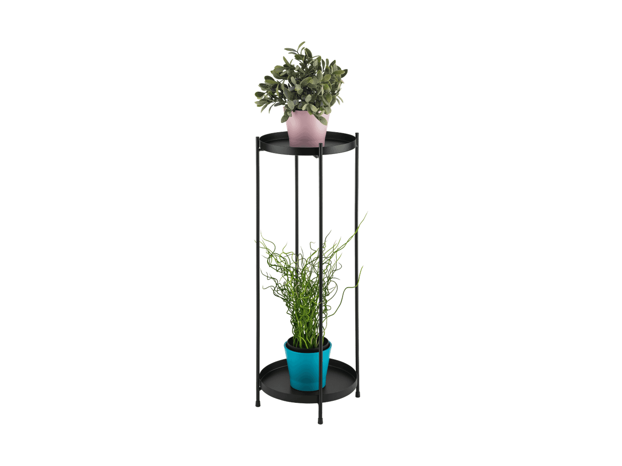 Sort plantestativ med to etager, en lyserød potte med grøn plante og en blå potte med krøllet plante.