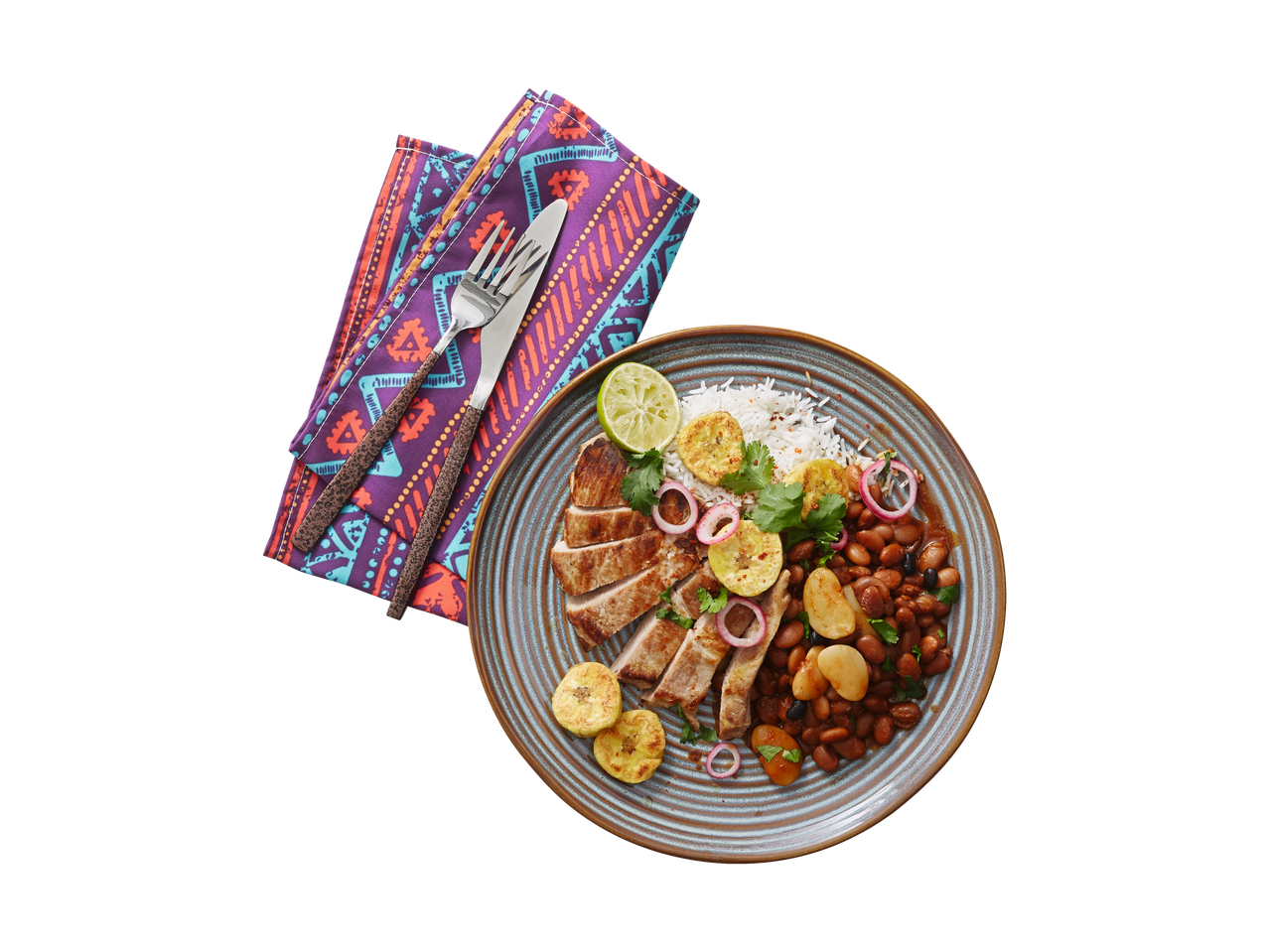 Grilled pork, beans, rice, and plantains.