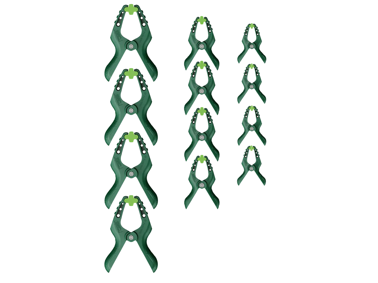 Komplet 15 zelenih vzmetnih sponk Parkside® v različnih velikostih.