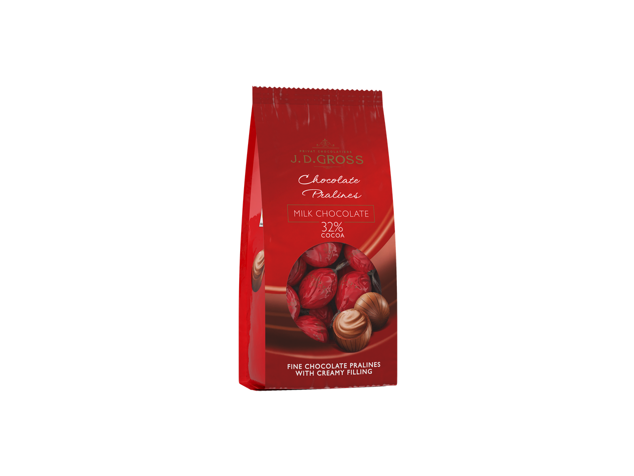 Praline de ciocolată J.D. Gross din ciocolată cu lapte, cu umplutură cremoasă.