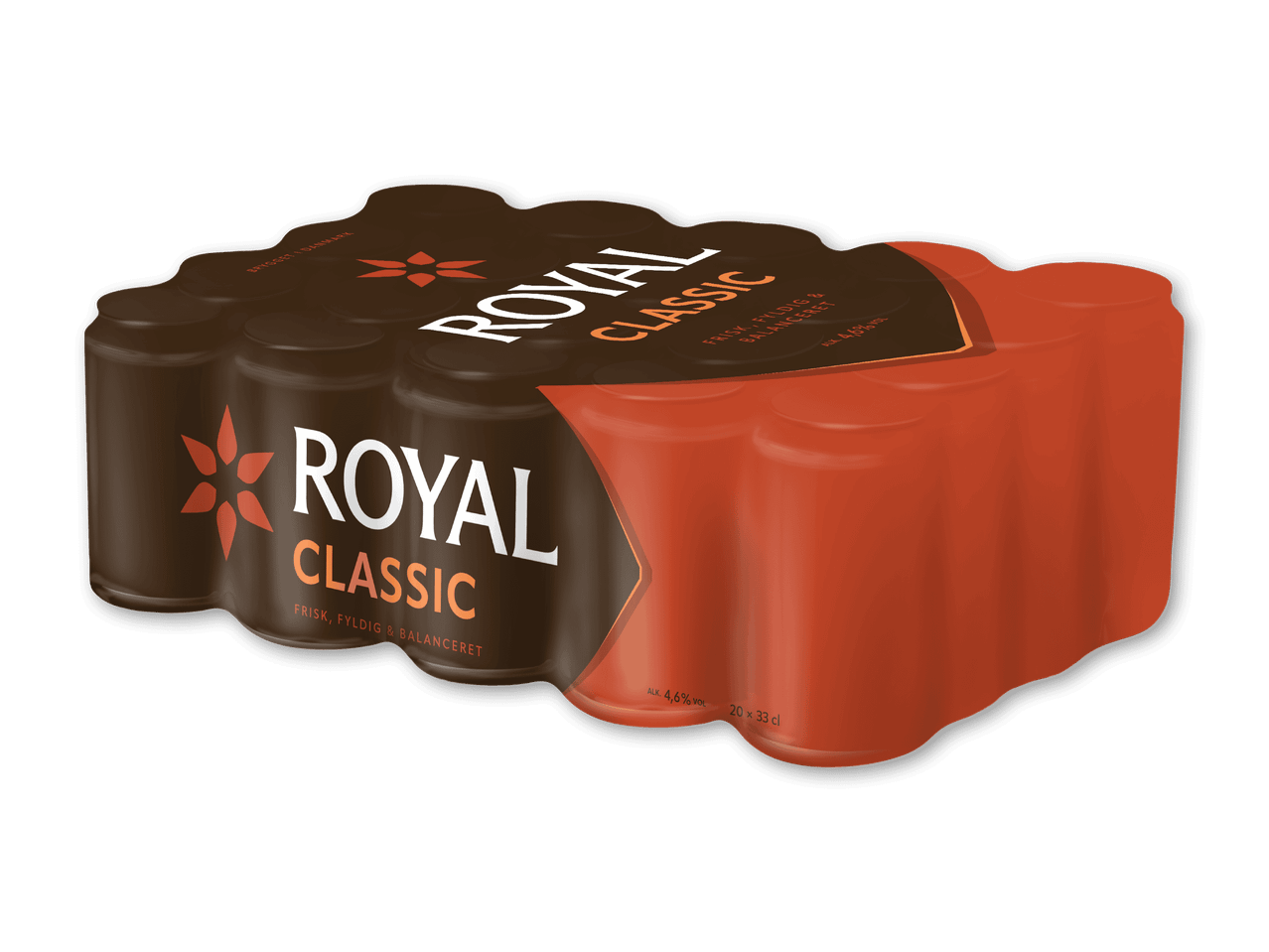 En 20-pakke med 33 cl dåser af klassisk øl, 4,6% vol, frisk, fyldig og balanceret.