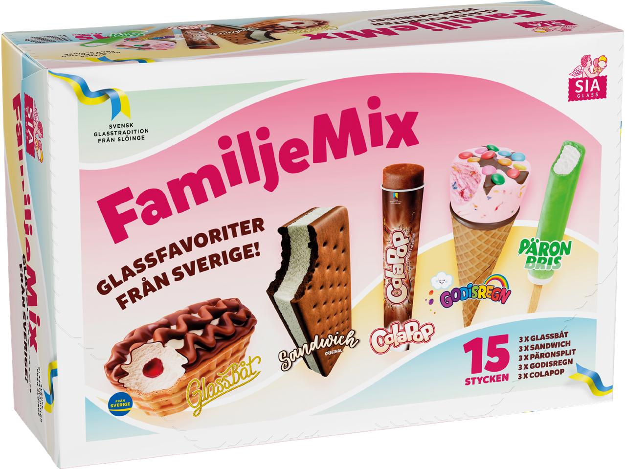 Sia glass FamiljeMix: en blandning av glassbåt, sandwich, päron-split, godisregn och colapop.