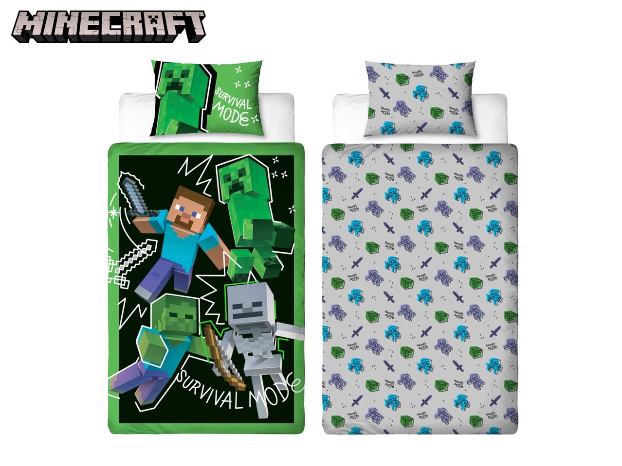 Minecraft duvet cover and pillowcase sets with characters and 'Survival Mode' text.