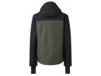 Rear view of a Crivit ski jacket in black and olive green.