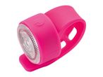 A pink silicone bike light with a clear lens and a power button.