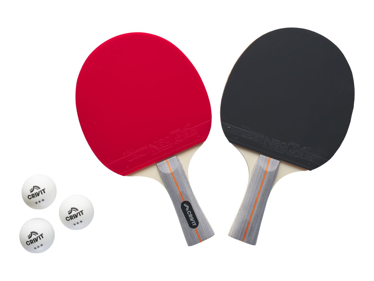 Two table tennis rackets, one red and one black, with three white balls.