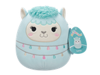 Plush llama toy with light blue fur and colorful string lights, with a 