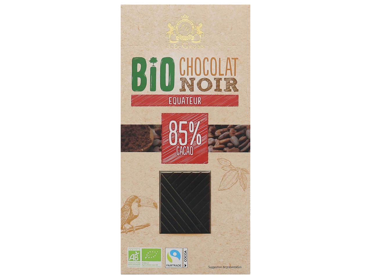Chocolat noir bio J.D. Gross, Equateur, 85% cacao.