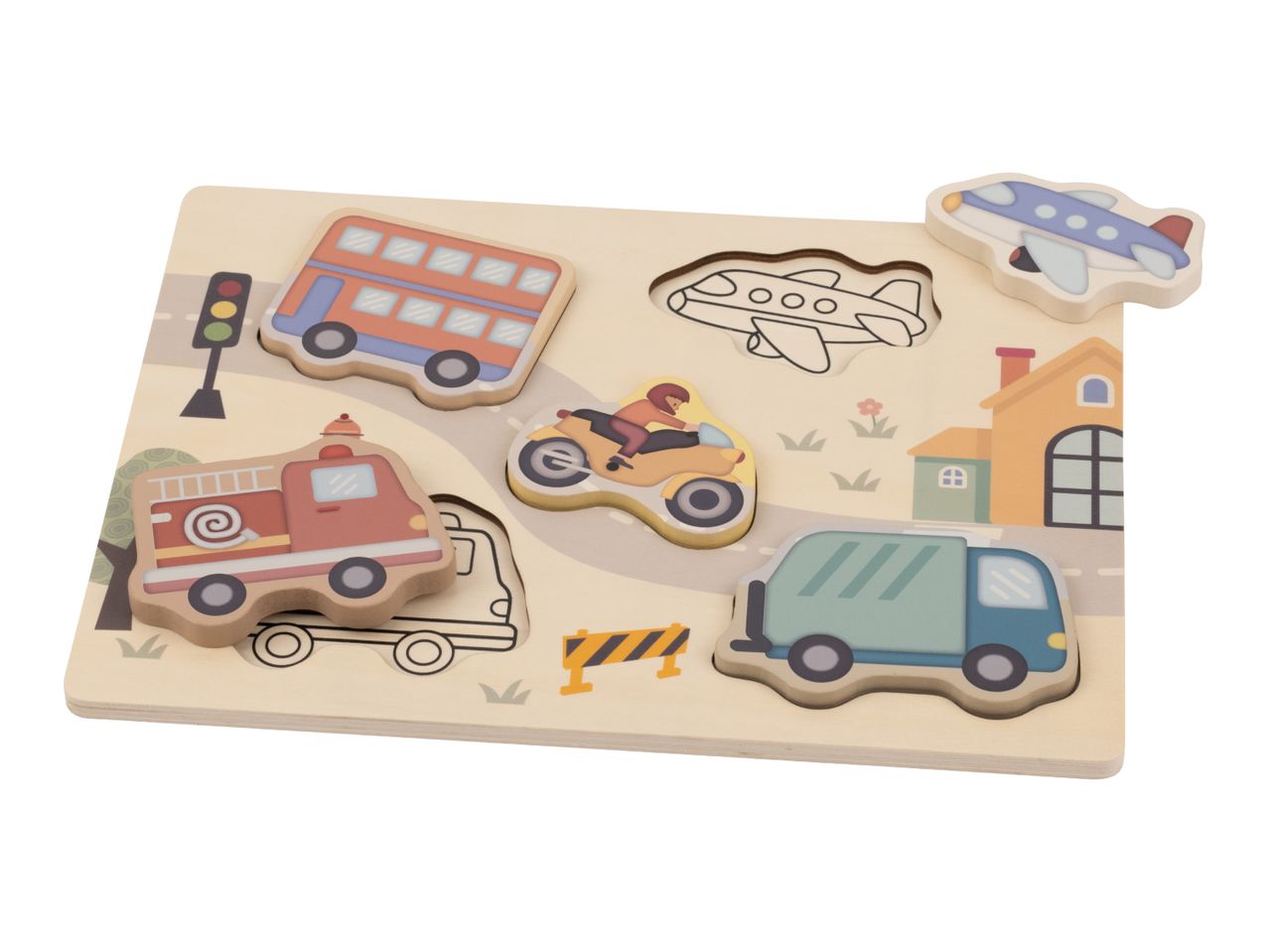 Wooden puzzle with various vehicles like a bus, fire truck, motorcycle, airplane, and truck.