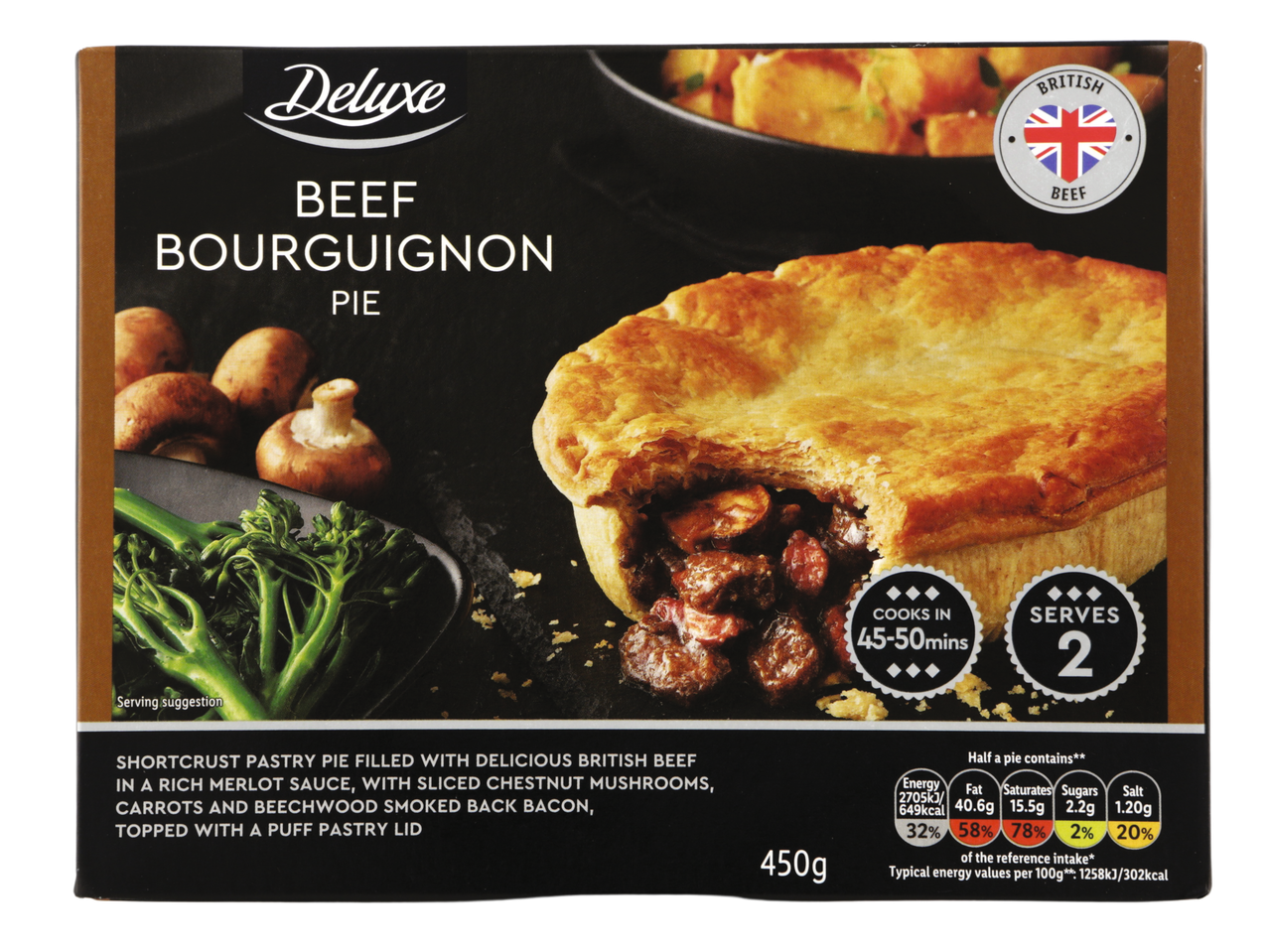 Deluxe Beef Bourguignon Pie with British beef, serves 2, cooks in 45-50 mins.