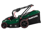 Parkside® 40V Cordless Lawn Mower, green and black with red accents, side view.