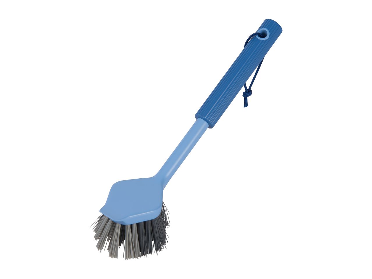 Blue dish brush with a long handle and gray bristles