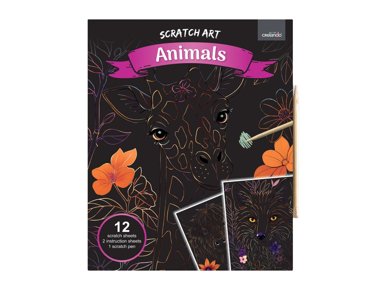 Scratch art kit featuring animals like a giraffe and fox, with 12 sheets and a pen.