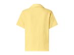 Back view of a yellow short-sleeved shirt with a collar, made from a textured fabric.