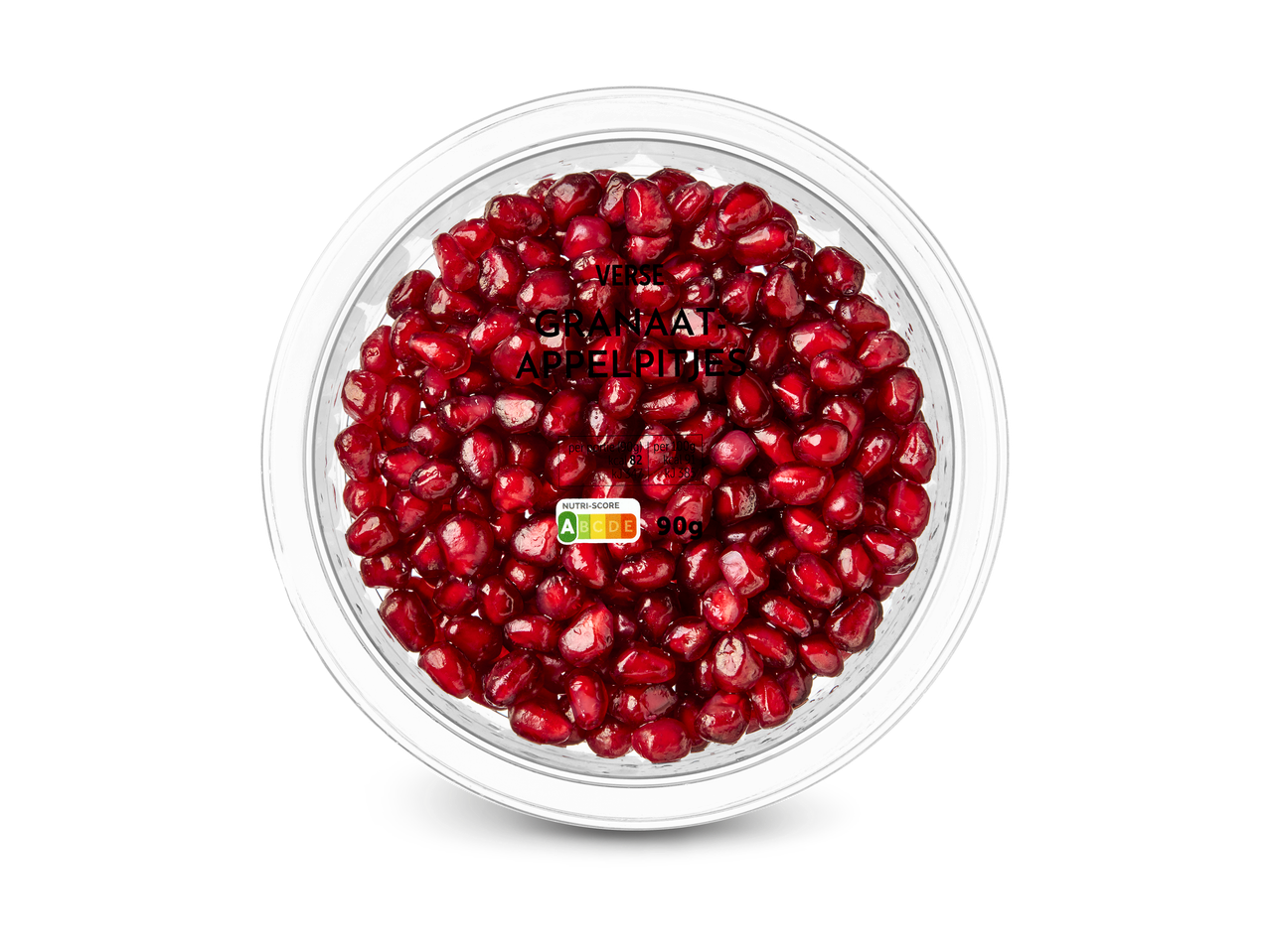 Verse granaatappelpitjes in een doorzichtige kom, met Nutri-Score A en 90g.