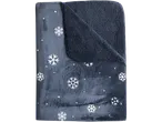 Blue fleece blanket with white snowflakes and a fluffy sherpa lining