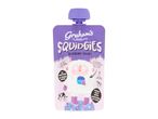 Blueberry yogurt pouch for kids, featuring a cartoon yeti holding blueberries and text highlighting natural ingredients, no added sugar, high protein, and calcium.