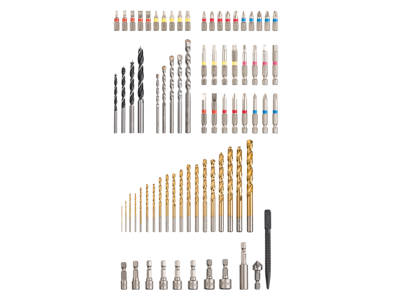 PARKSIDE puuri- ja otsikukomplekt puidu-, metalli-, betoonipuuride ja kruvikeeraja otsikutega.