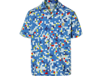 Blue short-sleeved shirt with a pixelated pattern in red, yellow, and white.
