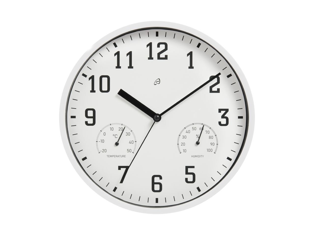 Et hvidt vægur med indbygget termometer og hygrometer.