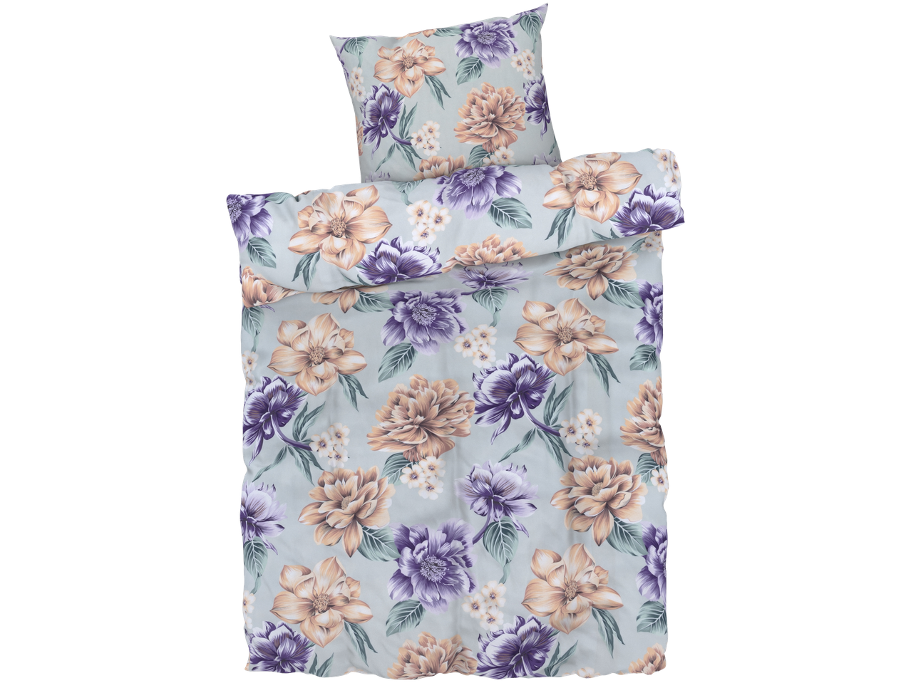 Blommig sängkläder i lila och beige toner.