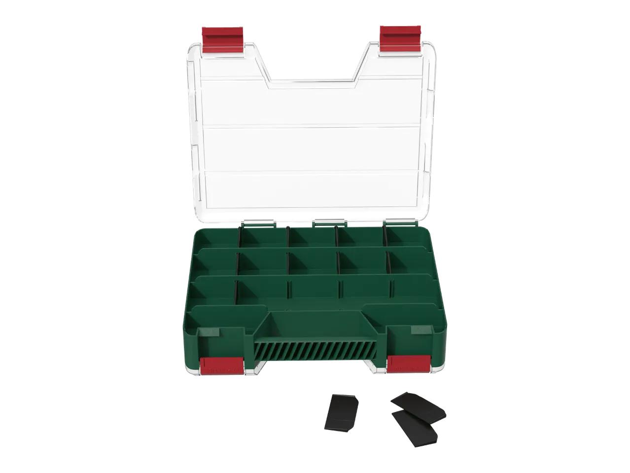 PARKSIDE-lajittelulaatikko, avoinna, vihreä, läpinäkyvä kansi, punaiset lukot, mustat välilevyt
