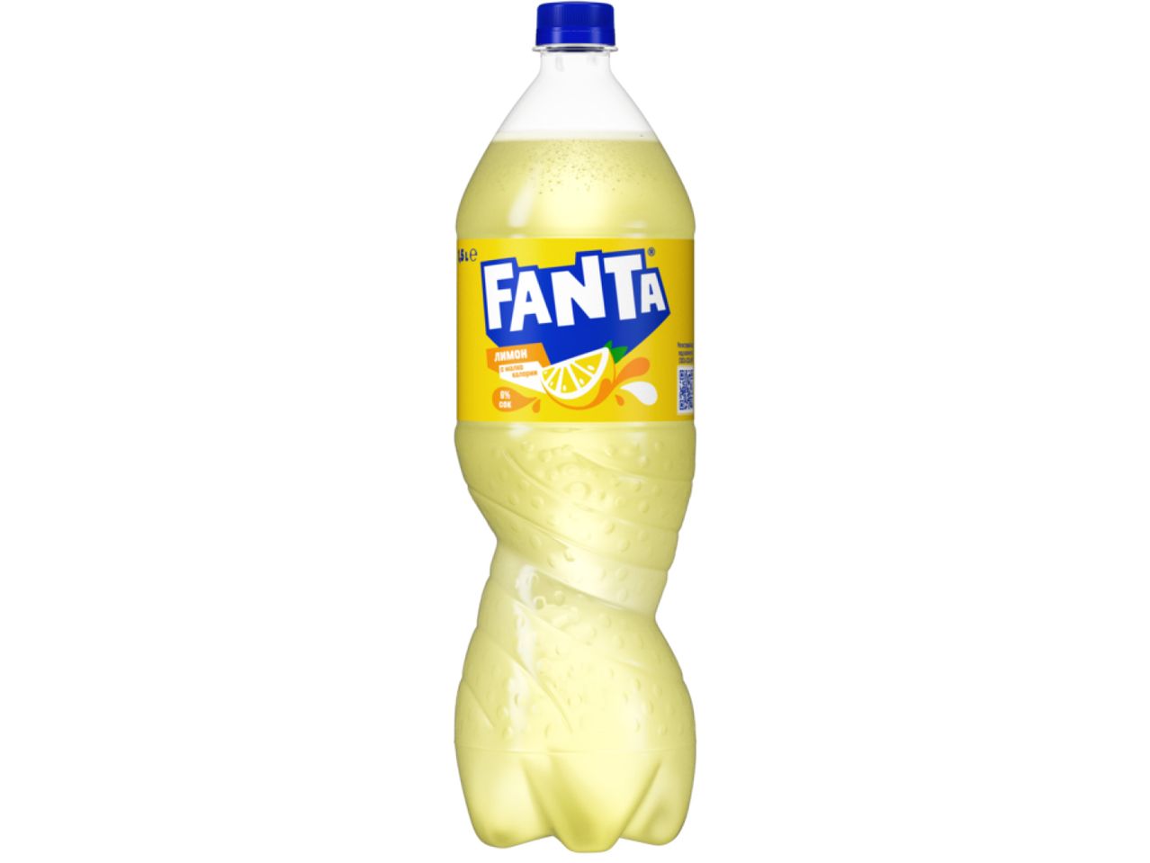 Бутилка Fanta Лимон с жълт етикет и синя капачка.