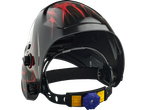 Capacete de soldagem automático Parkside® com padrão de chamas vermelhas.