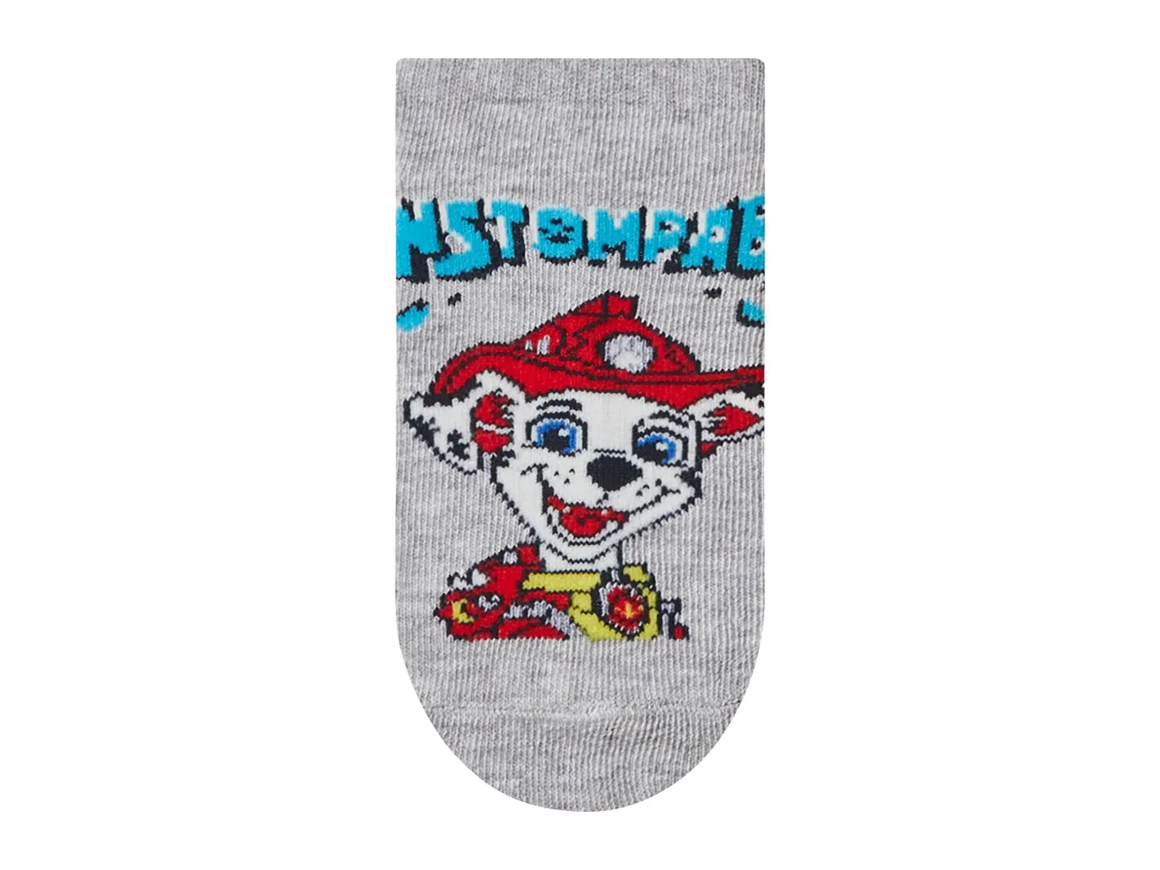 Grey children's sock with a cartoon dalmatian dog wearing a red firefighter helmet.