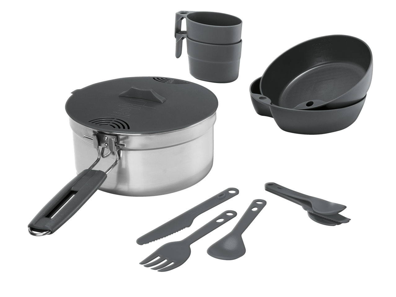 Kempinga ēdiena gatavošanas komplekts: katls, bļodas, piederumi.