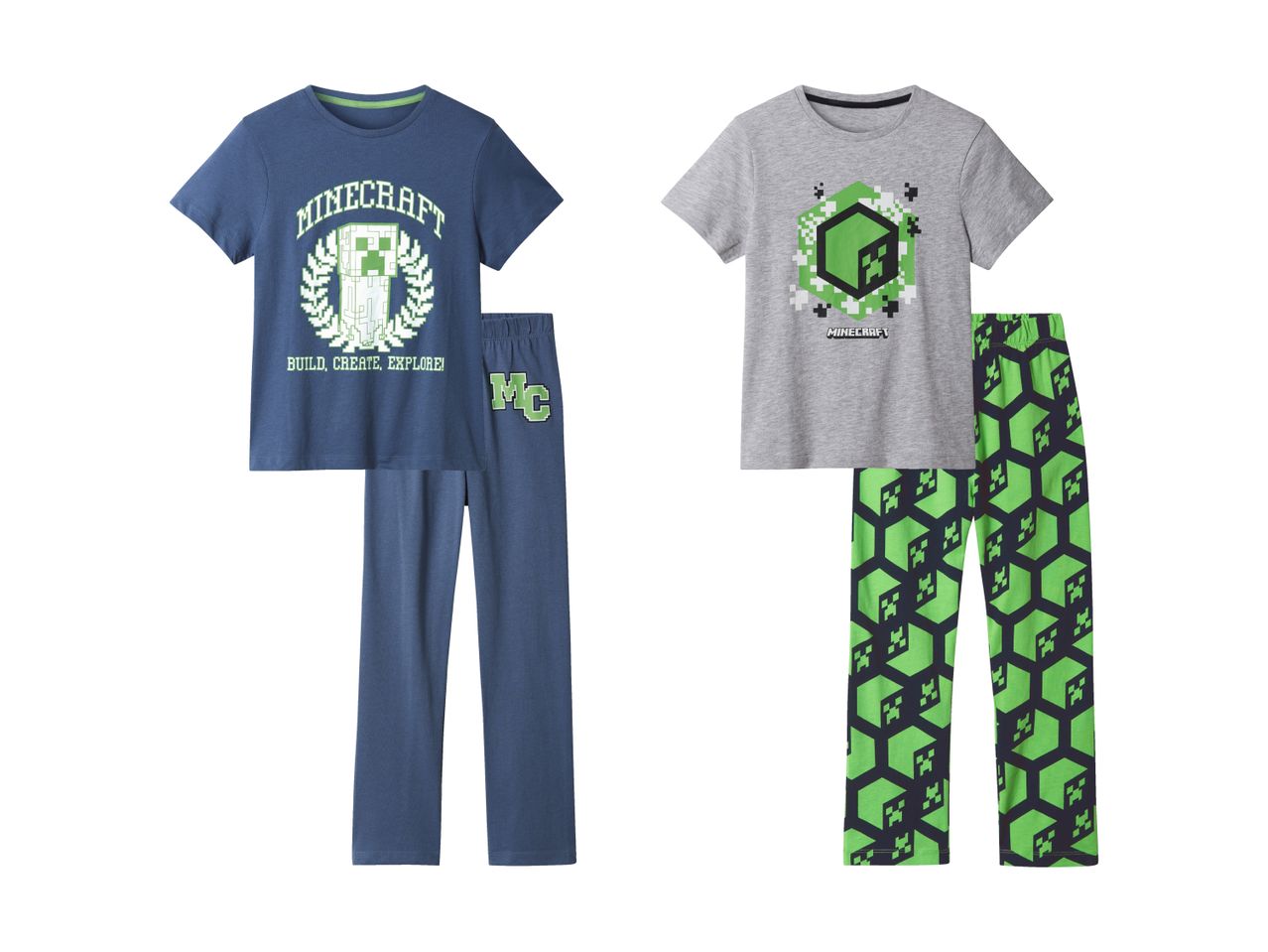 Zwei Minecraft Kinderpyjamas, einer dunkelblau und einer hellgrau mit Creeper-Motiven.