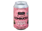 Ayatana Bio-Organic Kombucha, Fruits & Roots smaak, in een roze blikje.