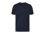 A navy blue henley short-sleeve t-shirt.