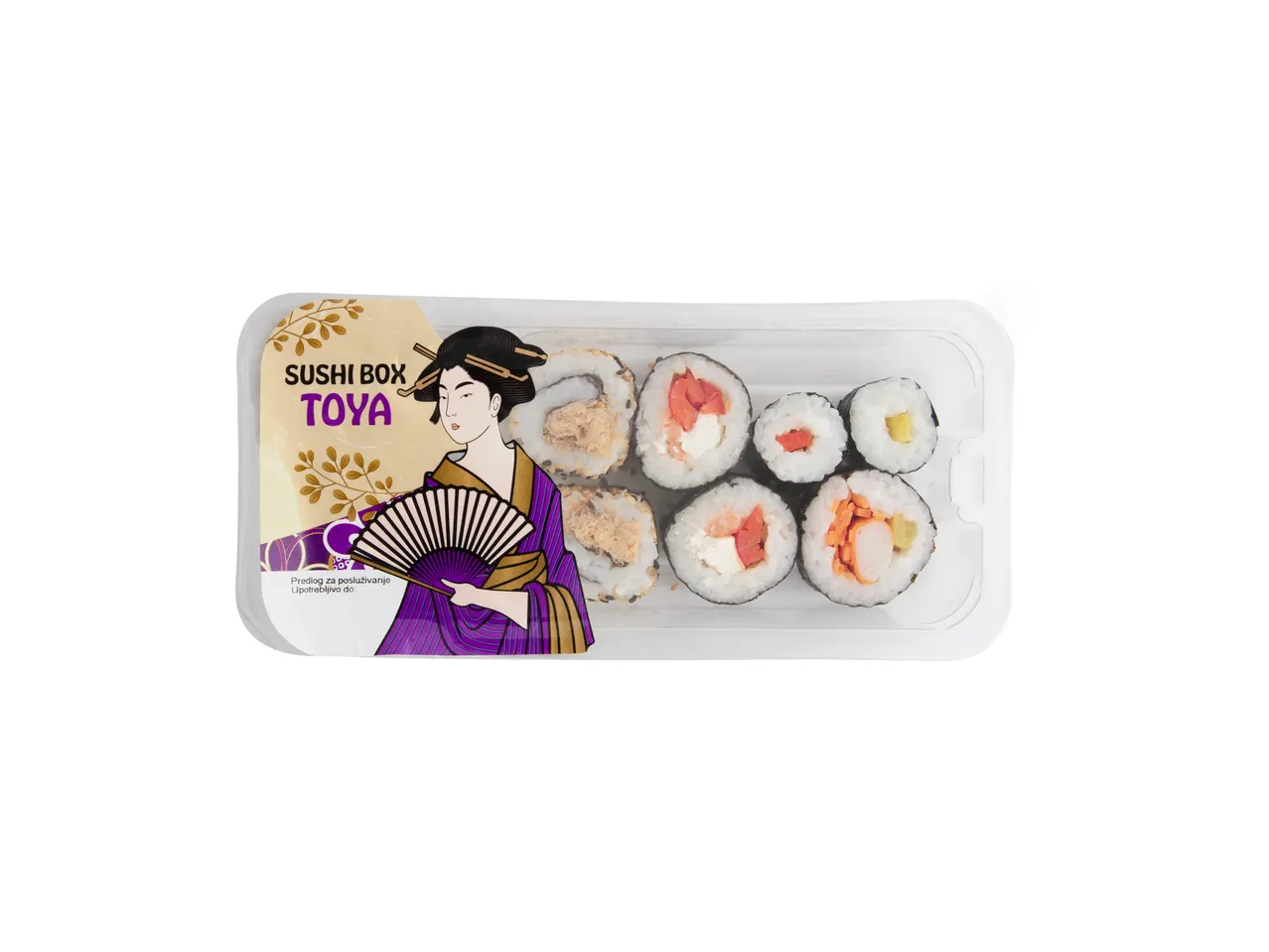 Suši kutija Toya sa raznim maki rolnicama u providnom pakovanju.