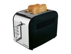 A black and stainless steel two-slice toaster with bread toasting inside.