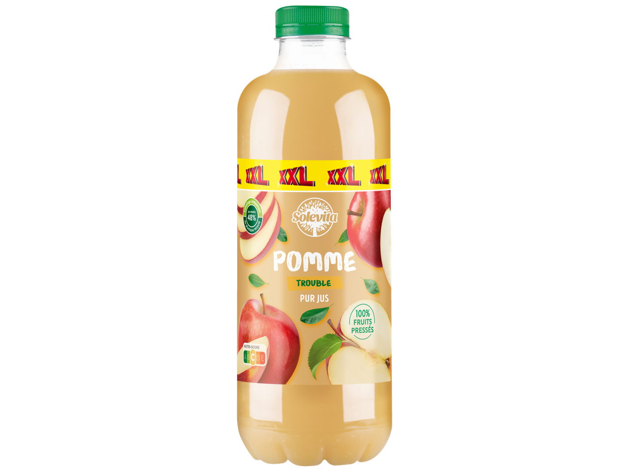 Jus de pomme Solevita : bouteille XXL, 100 % pur jus.