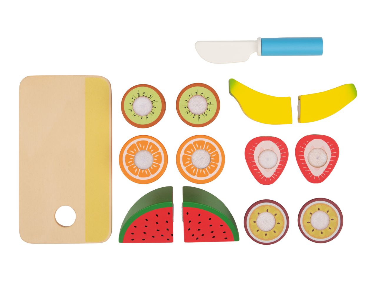 Wooden toy cutting board, knife, and various fruit pieces including kiwi, orange, banana, strawberry, watermelon, and passion fruit.