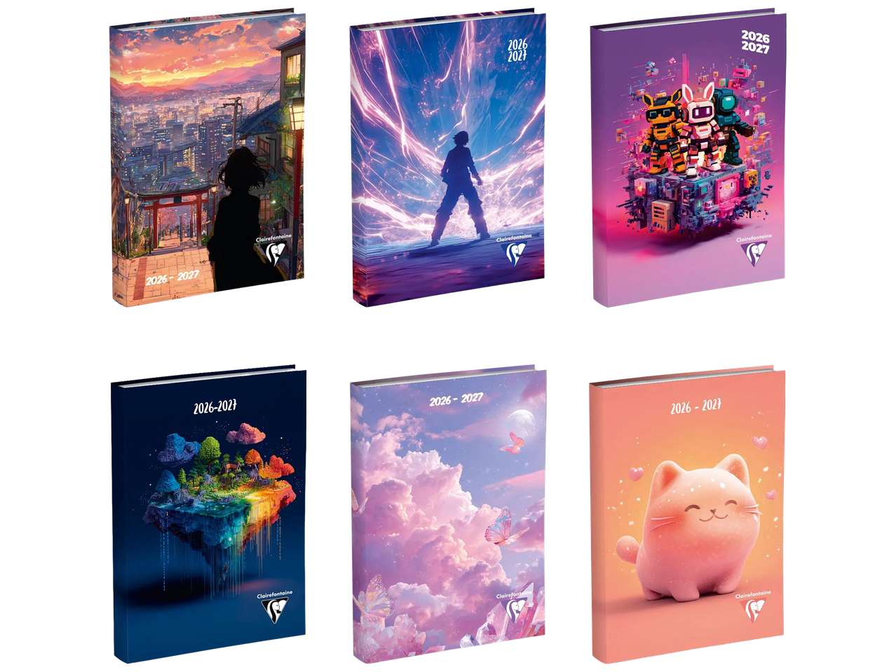 Six agendas 2026-2027 avec des couvertures variées : ville au coucher du soleil, silhouette mystérieuse, robots, île flottante, ciel nuageux et chat mignon.