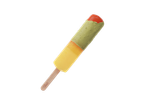 Gelado premium Gelatelli no palito com três sabores: amarelo, verde e vermelho.