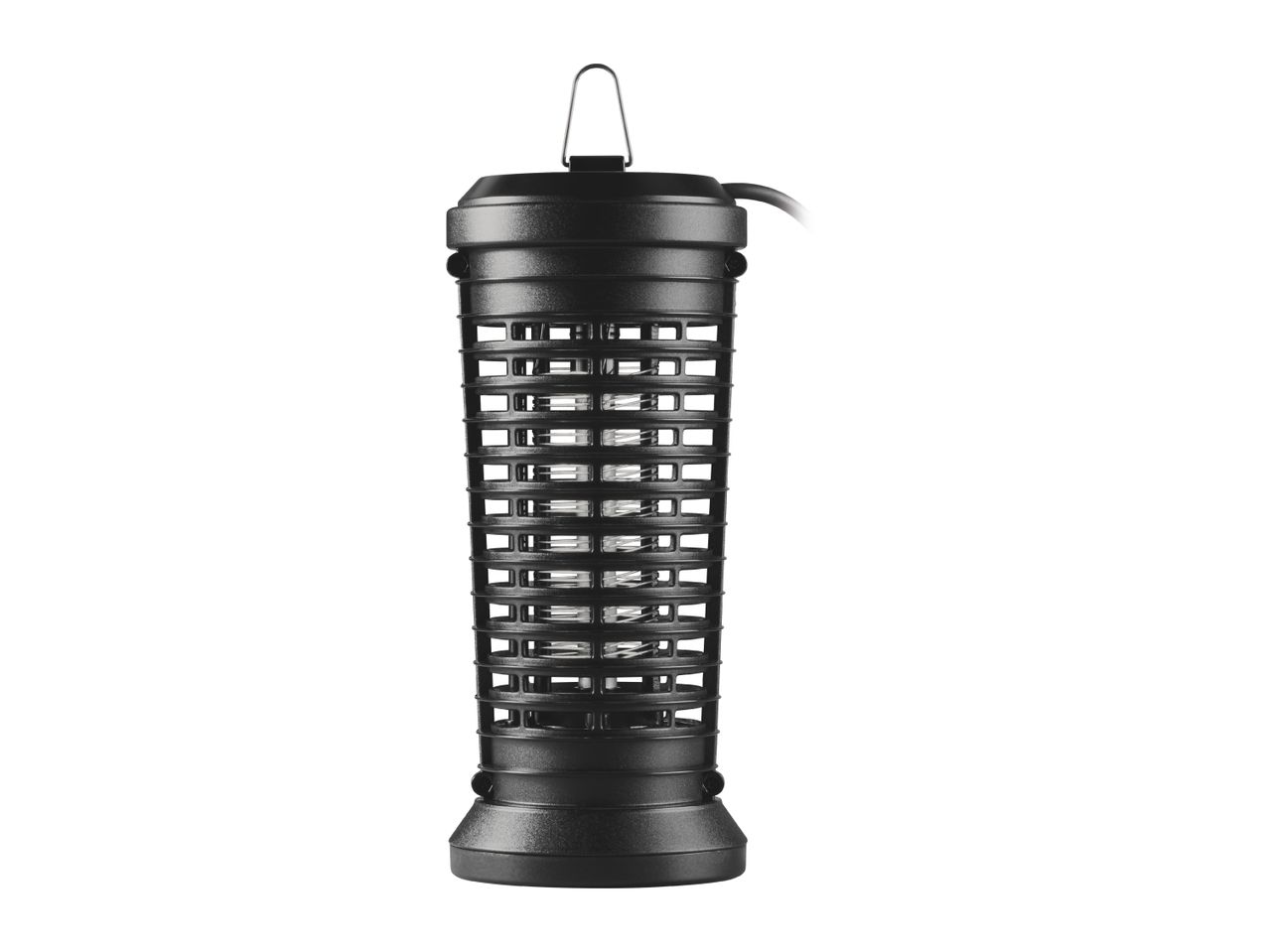 Black electric insect killer with a grid design and a handle, on a white background.